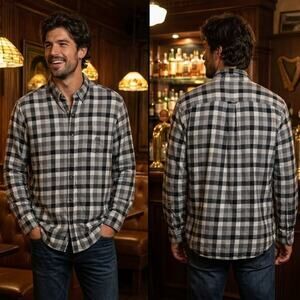 Chaps Black White Plaid Check Long Sleeve Button Up Shirt Men's Large 42-44